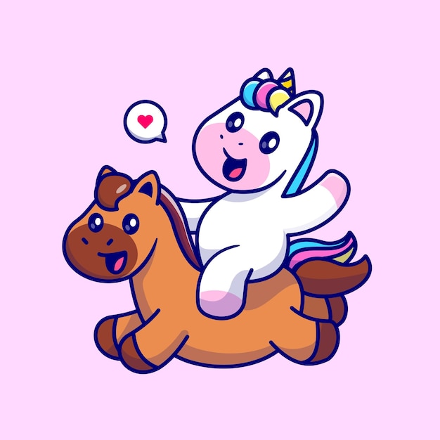 Free vector cute unicorn riding horse cartoon vector icon illustration. animal nature icon concept isolated flat