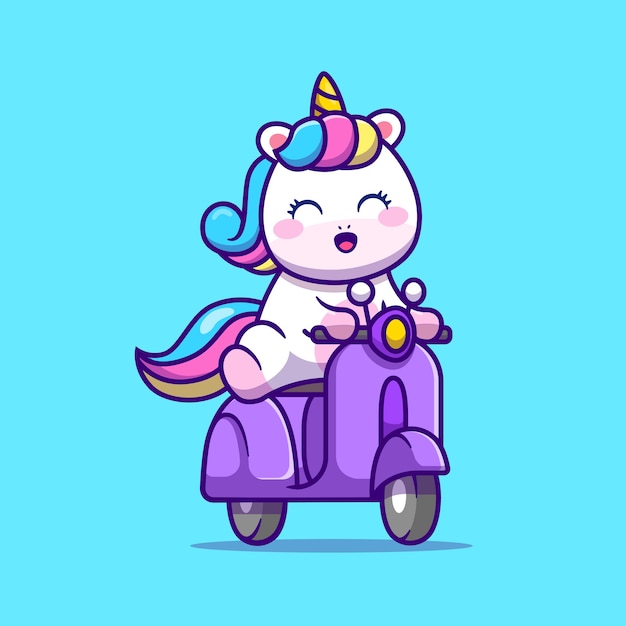 Cute unicorn riding scooter cartoon vector  illustration. animal transportation  concept isolated  vector. flat cartoon style