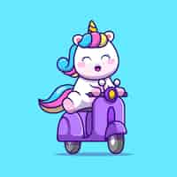 Free vector cute unicorn riding scooter cartoon vector  illustration. animal transportation  concept isolated  vector. flat cartoon style