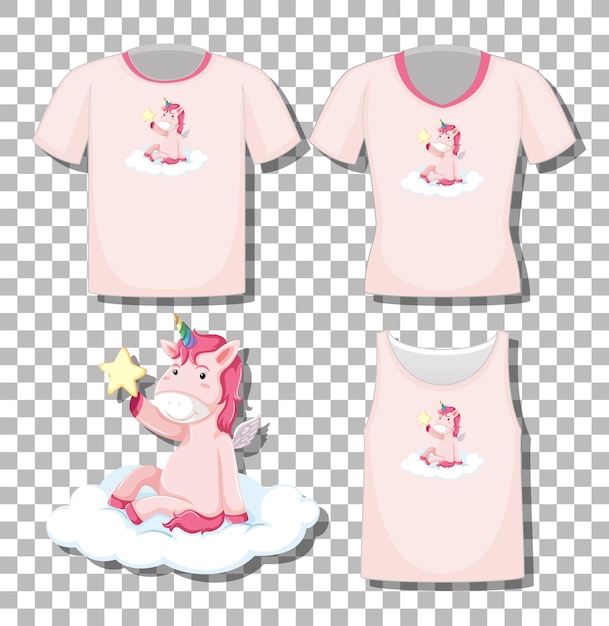 Free vector cute unicorn sit on the cloud cartoon character with set of different shirts isolated