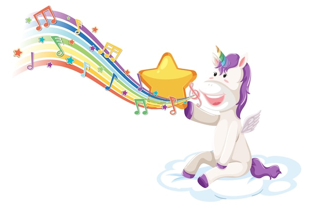 Cute unicorn sitting on the cloud with melody symbols on rainbow