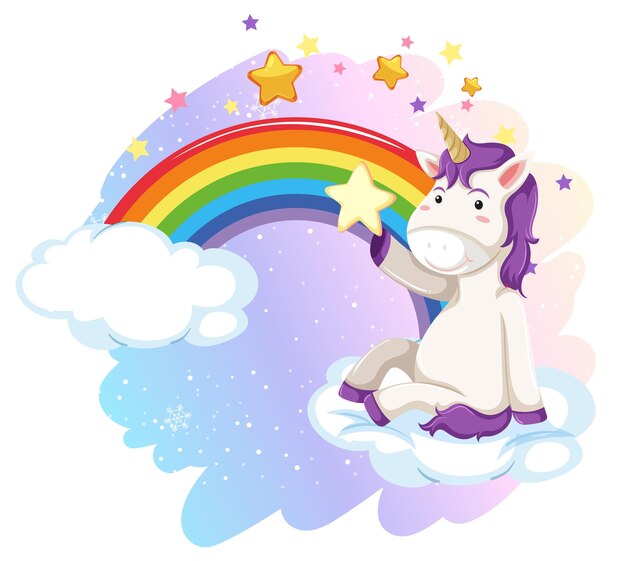 Cute unicorn sitting on a cloud with rainbow