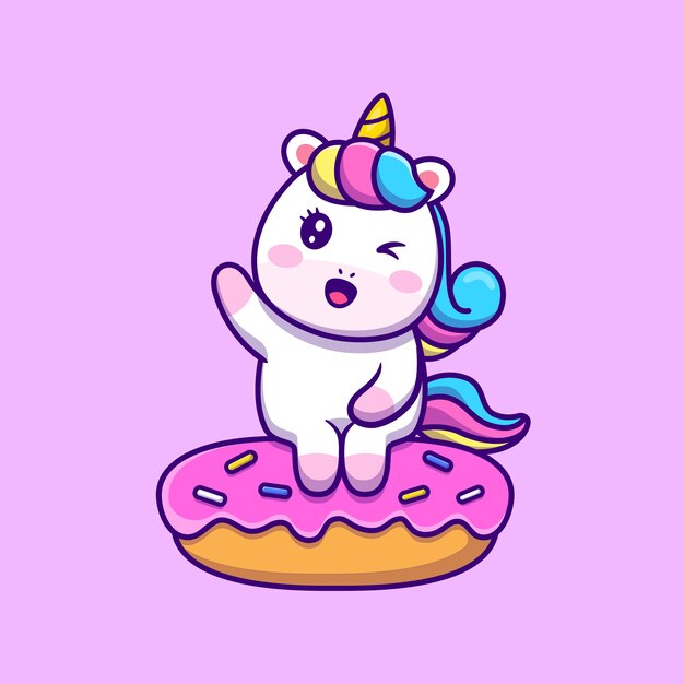 Cute Unicorn Sitting On Doughnut Cartoon Vector Icon Illustration.