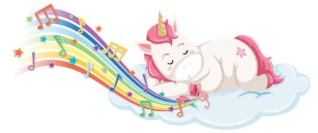 Cute unicorn sleeping on the cloud with melody symbols on rainbow