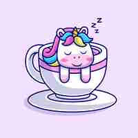 Free vector cute unicorn sleeping in coffee cup cartoon vector icon illustration. animal drink icon isolated