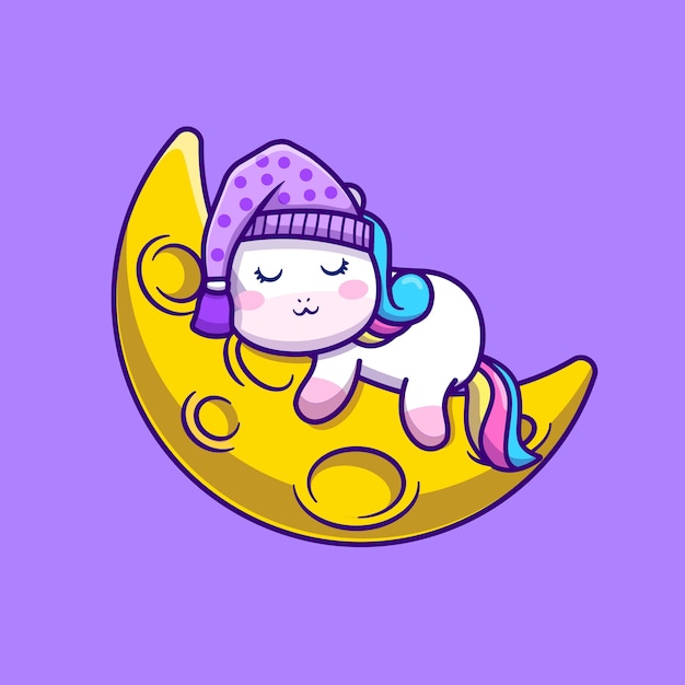 Free vector cute unicorn sleeping on moon cartoon vector  illustration. animal space  concept isolated  vector. flat cartoon style