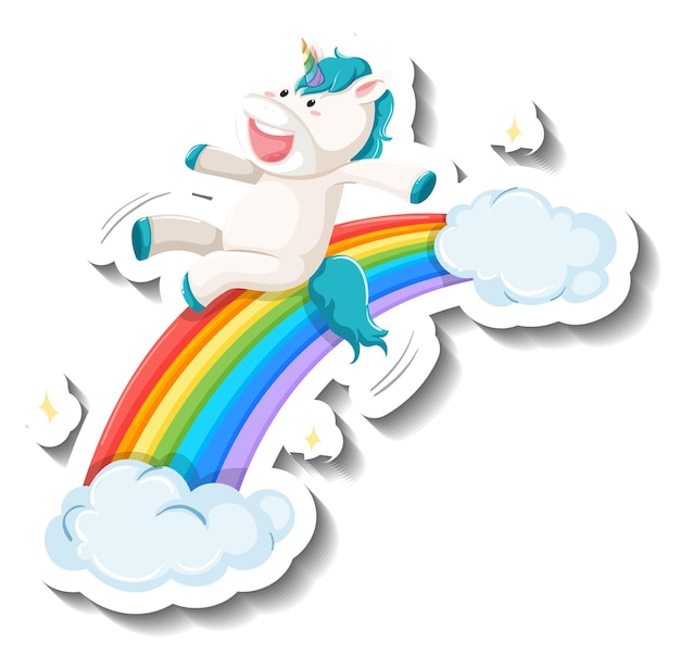 Free vector cute unicorn slide on rainbow cartoon sticker