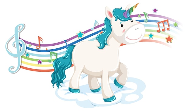 Free vector cute unicorn standing on the cloud with melody symbols on rainbow