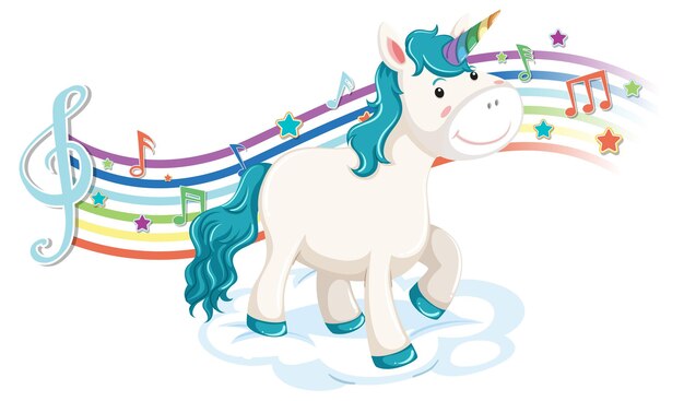 Cute unicorn standing on the cloud with melody symbols on rainbow