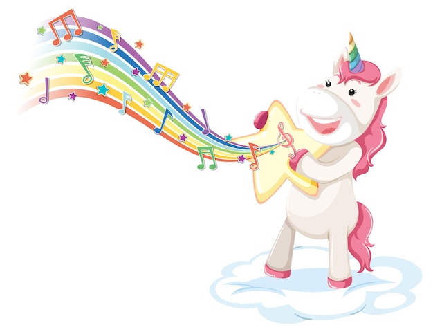 Free vector cute unicorn standing on the cloud with melody symbols on rainbow