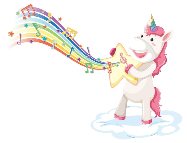 Cute unicorn standing on the cloud with melody symbols on rainbow