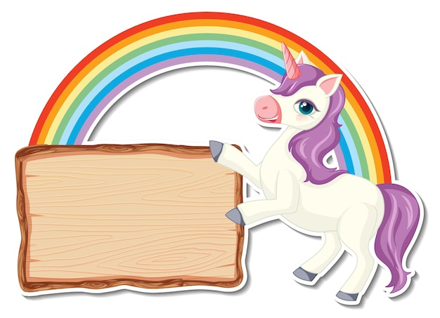 Free vector cute unicorn stickers with blank wooden banner template