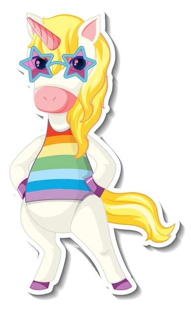 Vettore gratuito simpatici adesivi unicorno con un divertente personaggio dei cartoni animati unicorno
