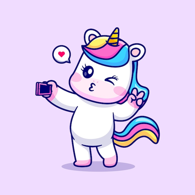 Cute unicorn taking selfie with phone cartoon vector icon illustration. animal technology isolated