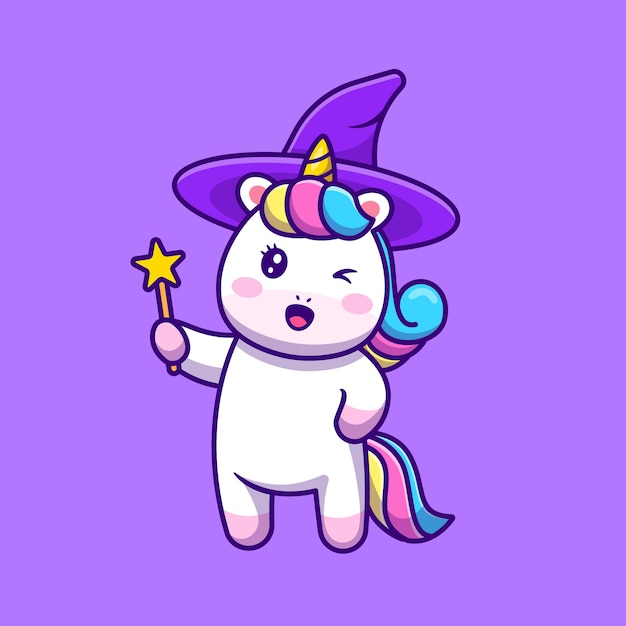 Cute unicorn witch holding wand magic star stick cartoon icon illustration