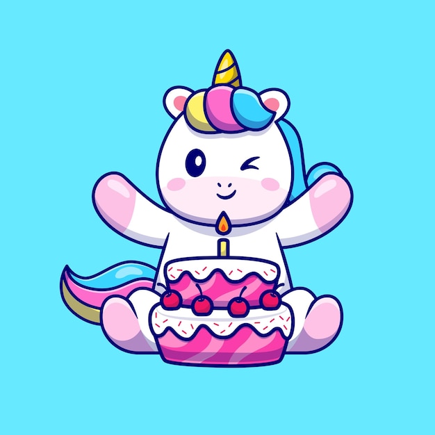 Free vector cute unicorn with birthday cake cartoon vector icon illustration. animal food icon concept isolated premium vector. flat cartoon style