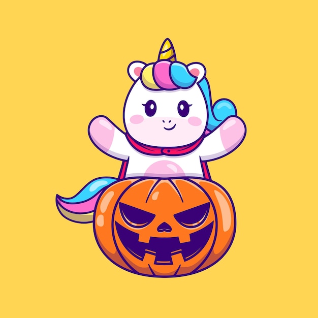 Cute Unicorn With Halloween Pumpkin Cartoon