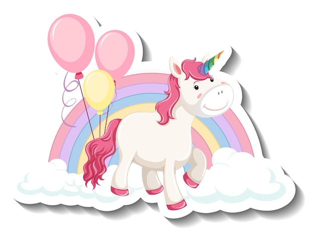 Cute unicorn with rainbow and clouds on white background