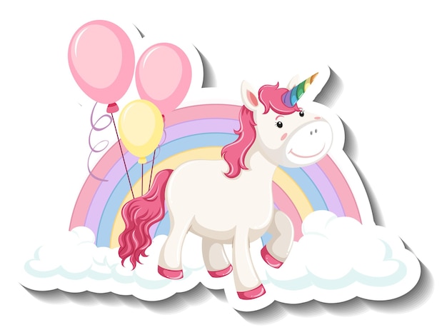 Unicorno carino con arcobaleno e nuvole su sfondo bianco