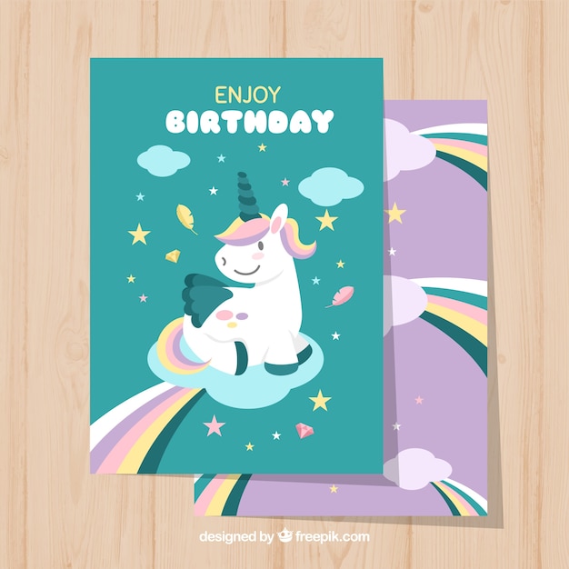 Vettore gratuito cartoline di compleanno carino di unicorno