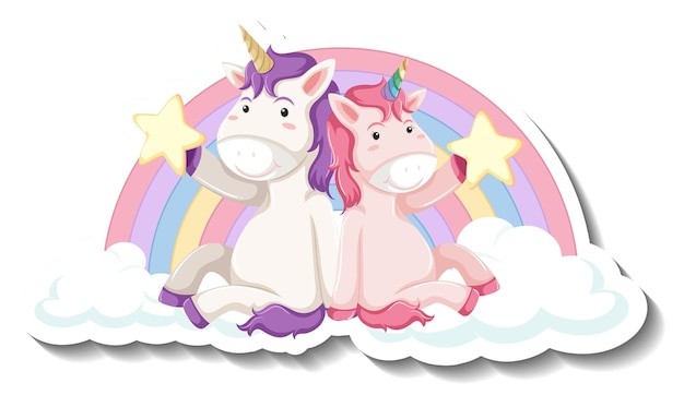 Cute unicorns siting on the cloud cartoon sticker