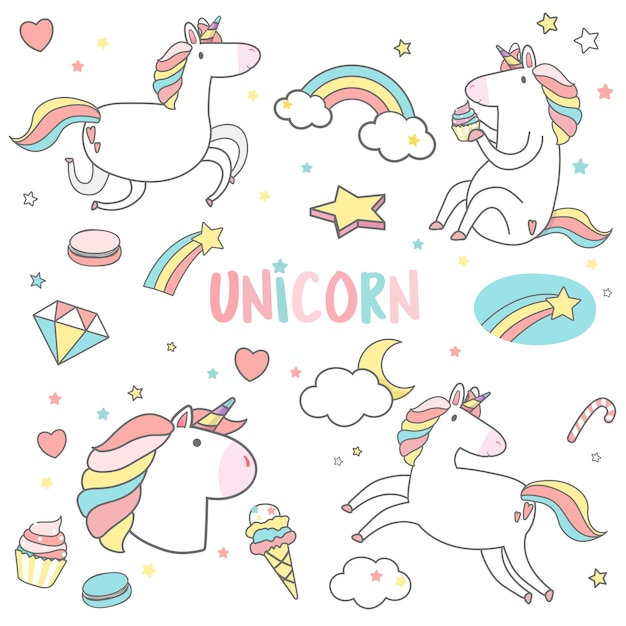 Free vector cute unicorns with magic element stickers vector