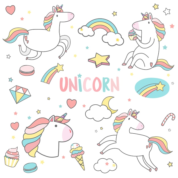 Unicorni carino con vettore di adesivi elemento magico