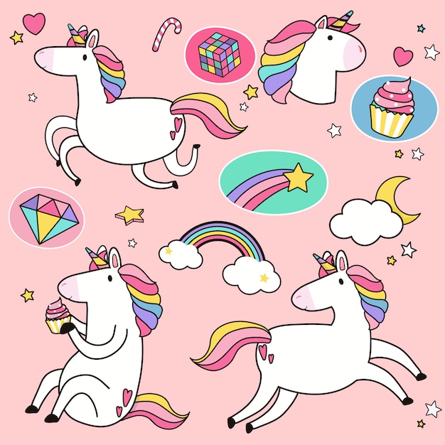 Cute unicorns with magic element stickers vector