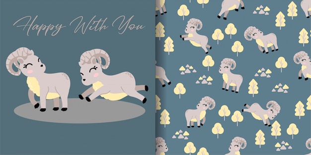 Картина милого животного шаржа urial безшовная с комплектом карточки иллюстрации