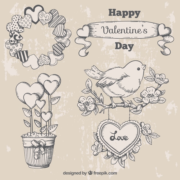 Free Vector cute valentine ornaments in vintage style
