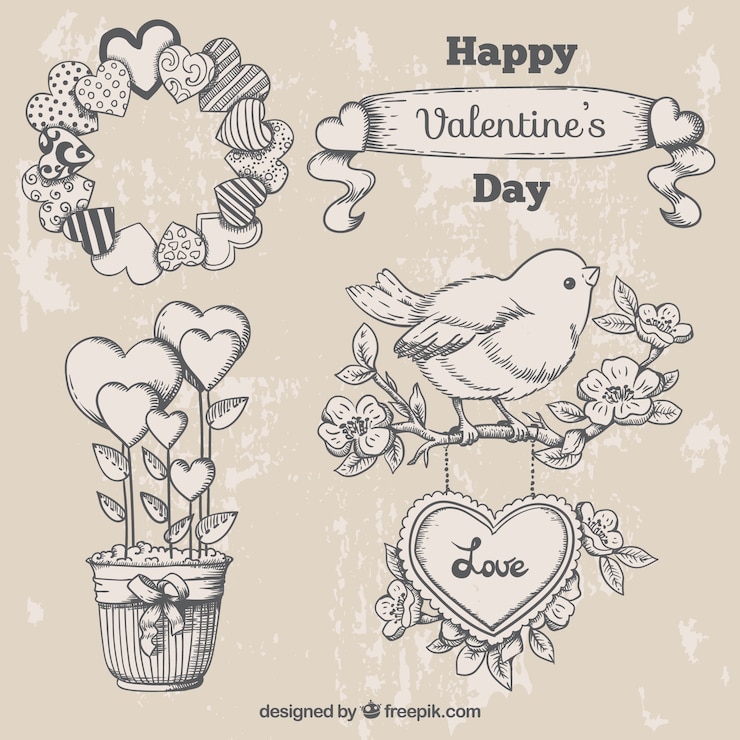 Free Vector cute valentine ornaments in vintage style