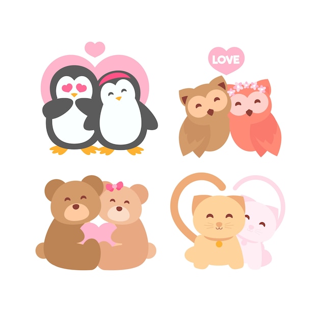Free vector cute valentine's day animal couple pack