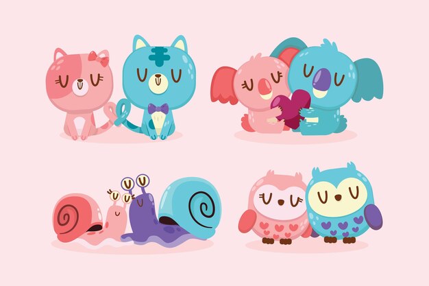 Cute valentine's day animal couple set