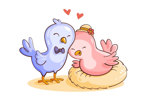 Бесплатное векторное изображение Милая пара животных на день святого валентина с птицами