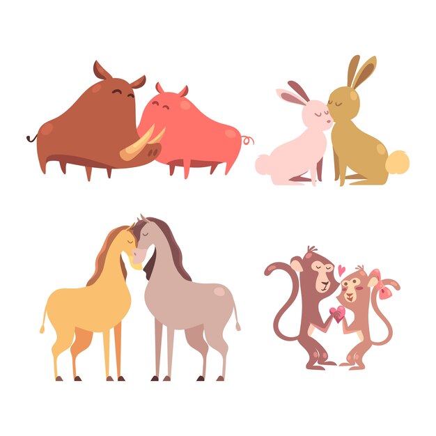 イラストのかわいいバレンタインデー動物カップルテーマ 無料のベクター