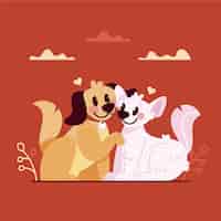 Бесплатное векторное изображение Милая пара кошек и собак на день святого валентина