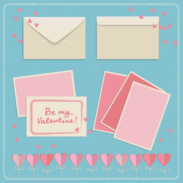 Cute valentine's day postcards and envelopes set in white and pink colors illustration