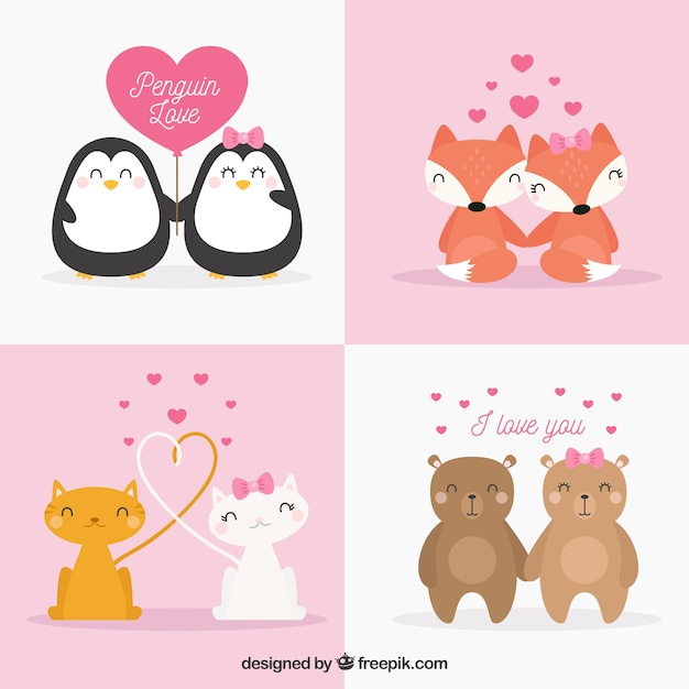 무료 벡터 귀여운 발렌타인 동물 커플 컬렉션