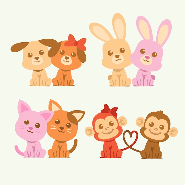 かわいいバレンタインの日の動物のカップルのイラスト 無料のベクター