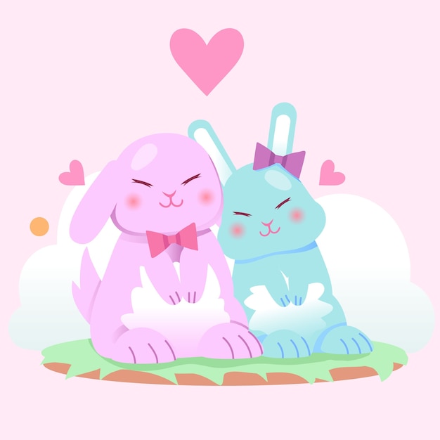 무료 벡터 토끼와 귀여운 발렌타인 동물 커플