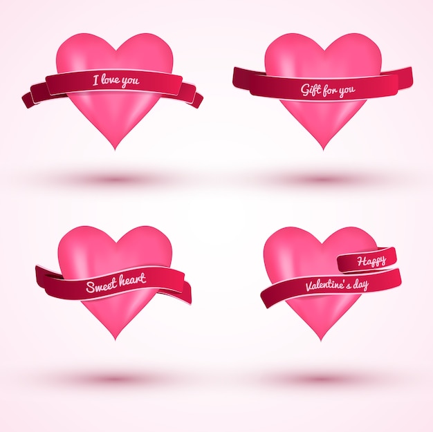 Бесплатное векторное изображение Симпатичные плоские любовные открытки на день святого валентина с розовыми ушками и лентами, изолированных векторная иллюстрация