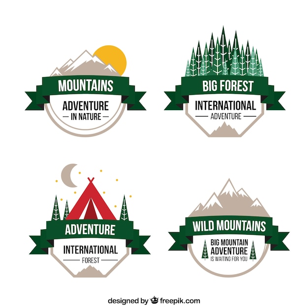 Free vector cute variety of adventures badges with a green ribbon