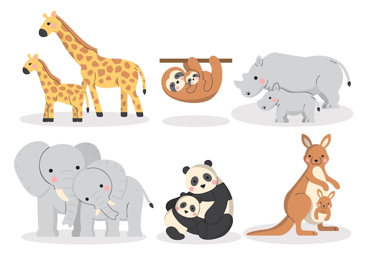 無料Vector キリンの怠惰サイサイ象パンダとカンガルーとさまざまな動物の家族のかわいい白い背景の上の母の日のコンセプトに漫画のキャラクターで手描きベクトルイラスト