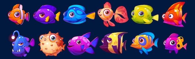 Vettore gratuito simpatici personaggi dei pesci dei cartoni animati vettoriali per l'acquario