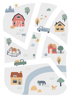 家や動物のかわいい村の地図。農場の手描きのベクトルイラスト。タウンマップクリエーター。 Premiumベクター