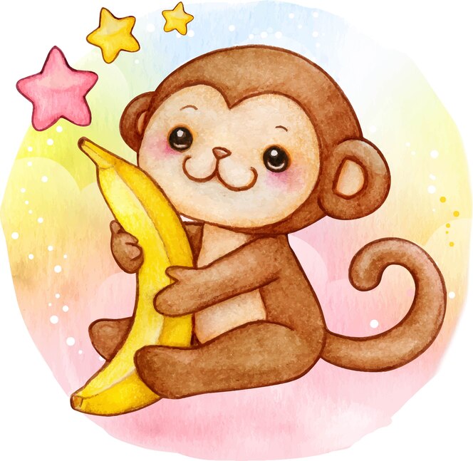Premium Vector Cute Watercolor Baby Monkey With Banana Sitting On Raiinbow Background Premium Vector Cute Watercolor Baby Monkey With Banana Sitting On Raiinbow Background