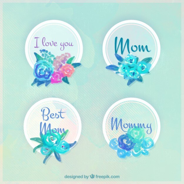 मुफ़्त वेक्टर cute watercolor badges of mother's day with flowers