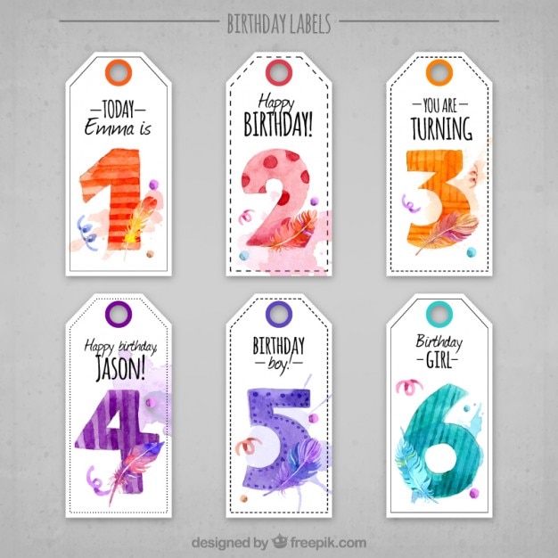 Free vector cute watercolor birthday tags