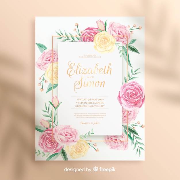 Free vector cute watercolor floral wedding invitation template