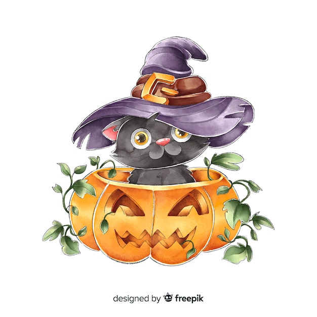 Free vector cute watercolor halloween black cat with witch hat